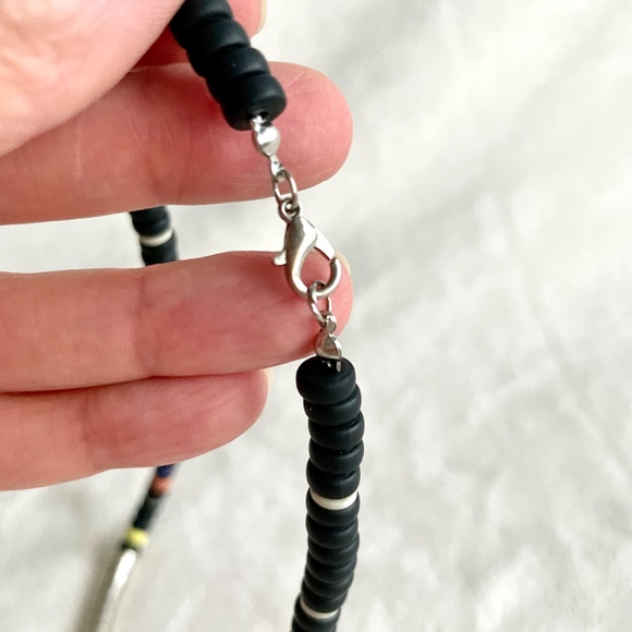 Beaded Necklace/w Black, White, Yellow, Orange, Blue, and Metal Beads - Picture 13 of 13